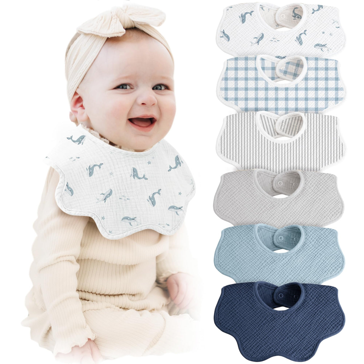 Konssy 6-Pack Muslin Baby Bandana Bibs, Drool Bibs for Girls & Boys