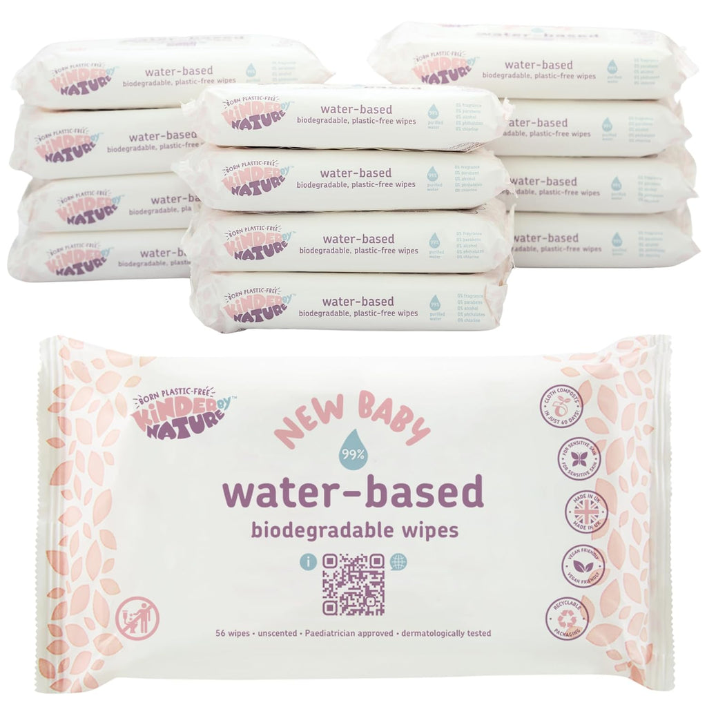 Kinder by Nature Water-Based Baby Wipes - 672 Count (12 packs of 56) -Unscented and Hypoallergenic - 99% water - 100% biodegradable - Plastic-Free Baby Wipes