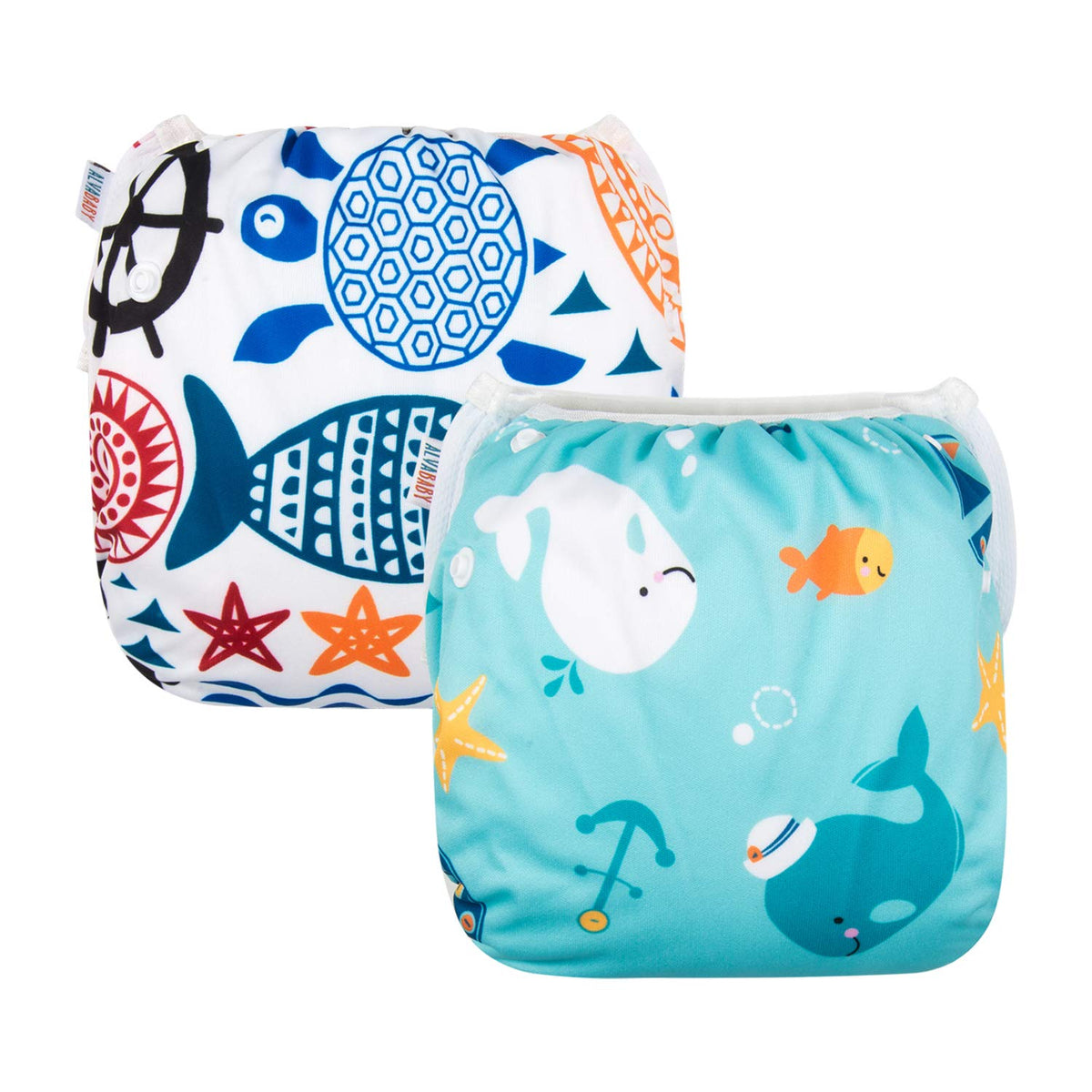 ALVABABY 3pcs Swim Diapers Baby & Toddler Snap One Size Reusable Adjustable Baby Boy Large Fish&sea-Plant 3ZSWY02