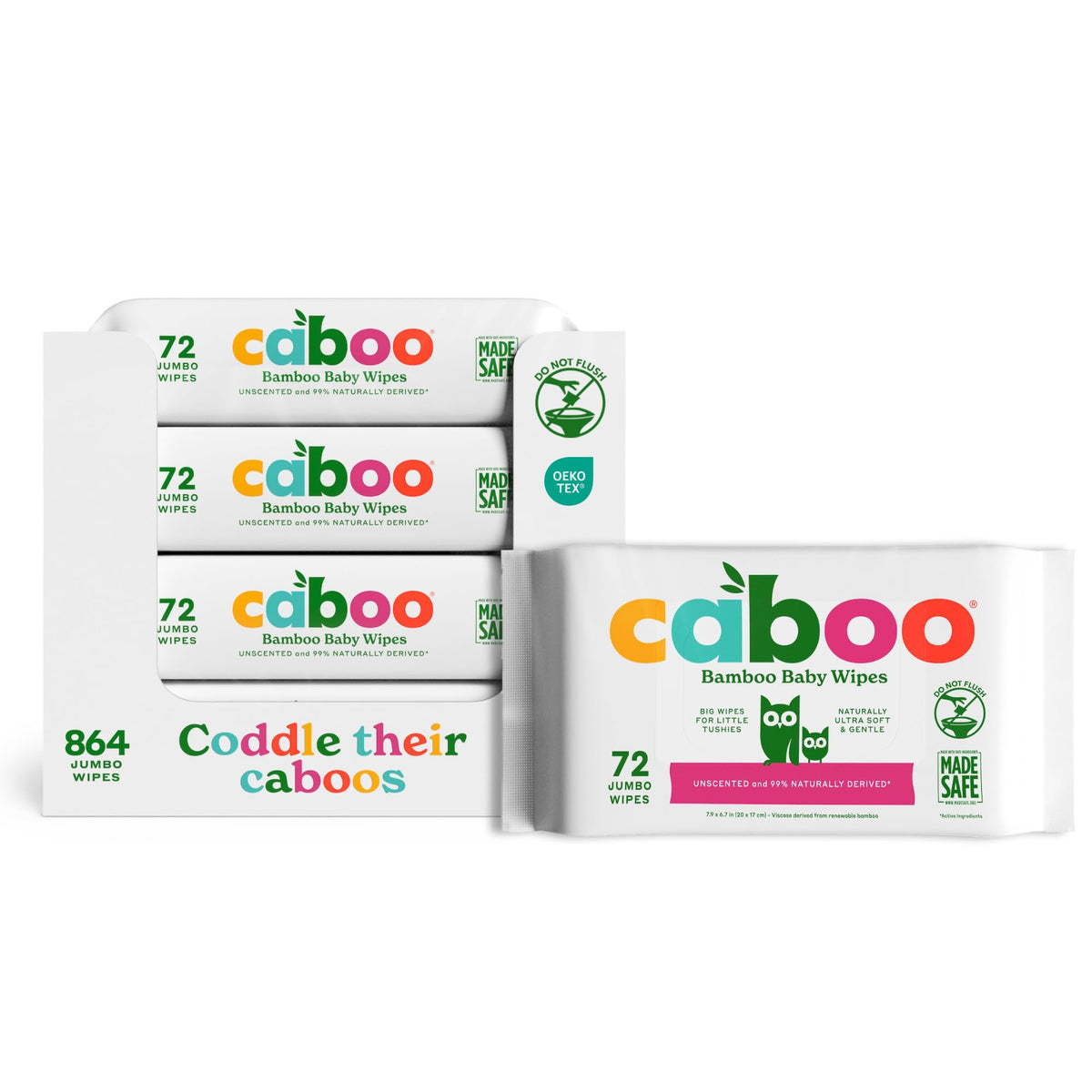 Caboo Baby Wipes, Made with Bamboo Viscose, Certified Made Safe Ingredients, Unscented Baby Wipes Good for Sensitive Skin, 72 Wipes Per Travel Pack, Total of 216 Wet Wipes