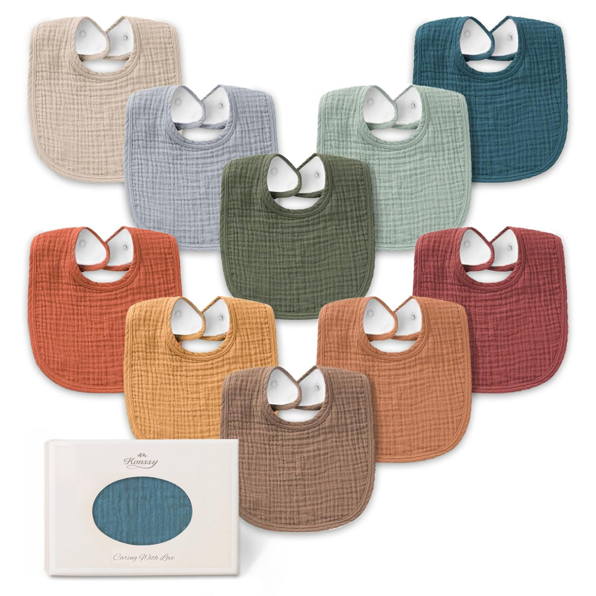 Konssy 8-Pack Muslin Baby Bibs, Adjustable Fit for Drooling and Teething