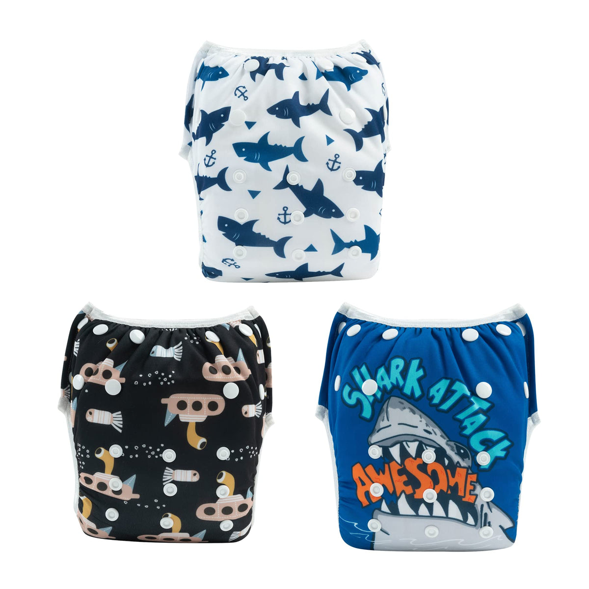 ALVABABY 3pcs Swim Diapers Baby & Toddler Snap One Size Reusable Adjustable Baby Boy Large Fish&sea-Plant 3ZSWY02
