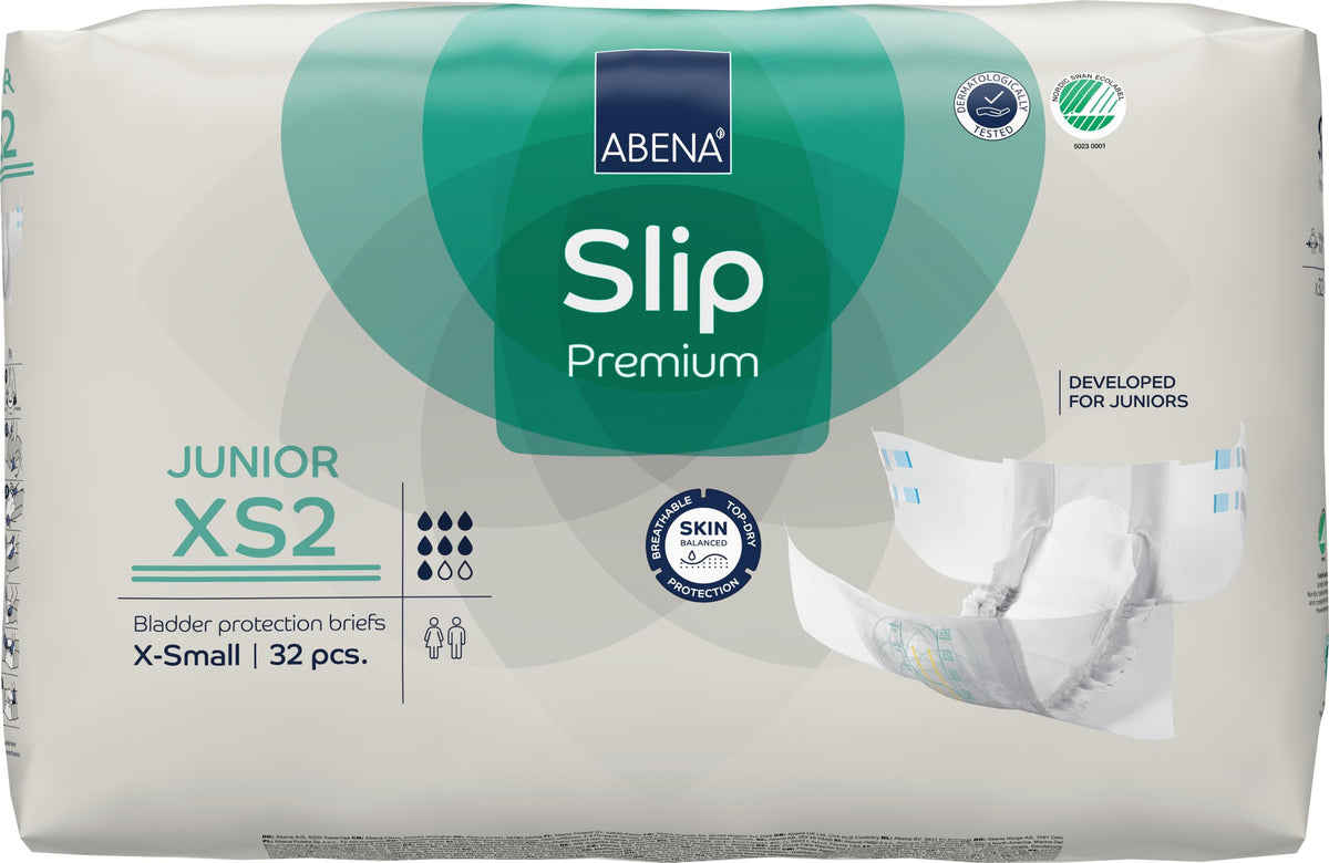 Abena Hypoallergenic Slip Junior Premium Incontinence Briefs, for Juniors Aged 5-15, Eco-Labeled, Level 2, 32 Count