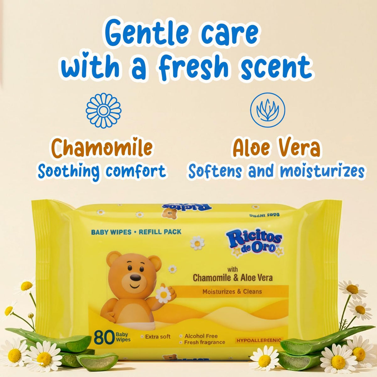 Ricitos de Oro Baby Wipes | Chamomile & Aloe Vera | 80 ct | 6-Pack