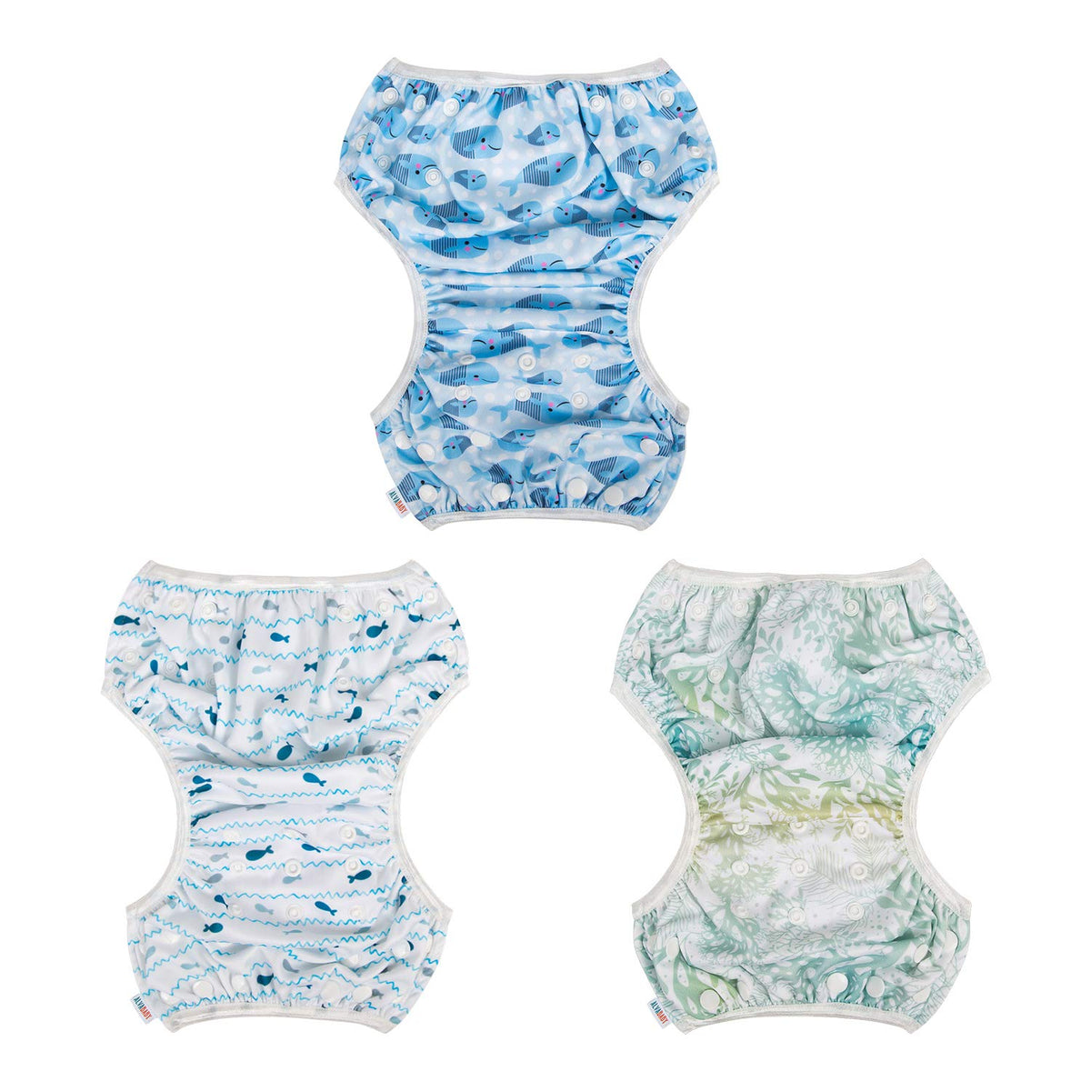 ALVABABY 3pcs Swim Diapers Baby & Toddler Snap One Size Reusable Adjustable Baby Boy Large Fish&sea-Plant 3ZSWY02