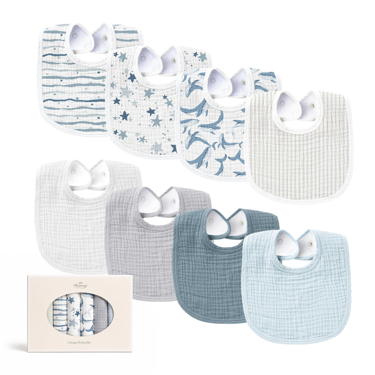 Konssy 8-Pack Muslin Baby Bibs, Adjustable Fit for Drooling and Teething