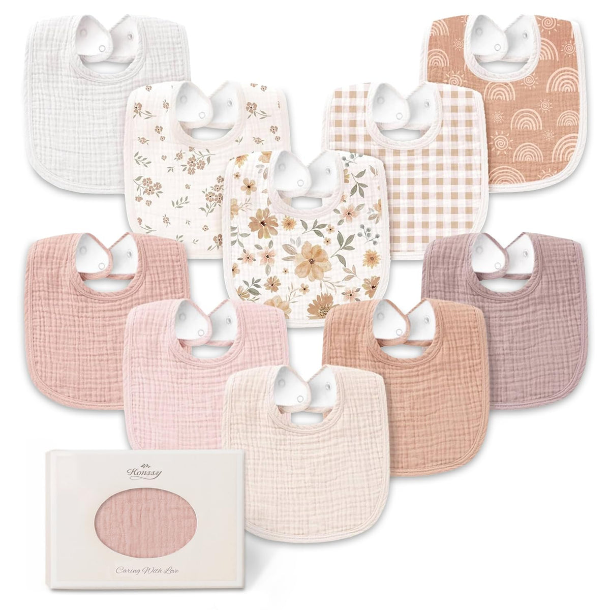 Konssy 8-Pack Muslin Baby Bibs, Adjustable Fit for Drooling and Teething