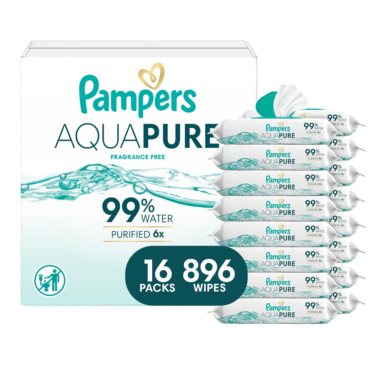 Pampers Aqua Pure Baby Wipes, 99% Water, Fragrance Free, Unscented, Water Based, Multi-Use, 672 Wipes Total (12X Flip-Top Packs) [Packaging May Vary]