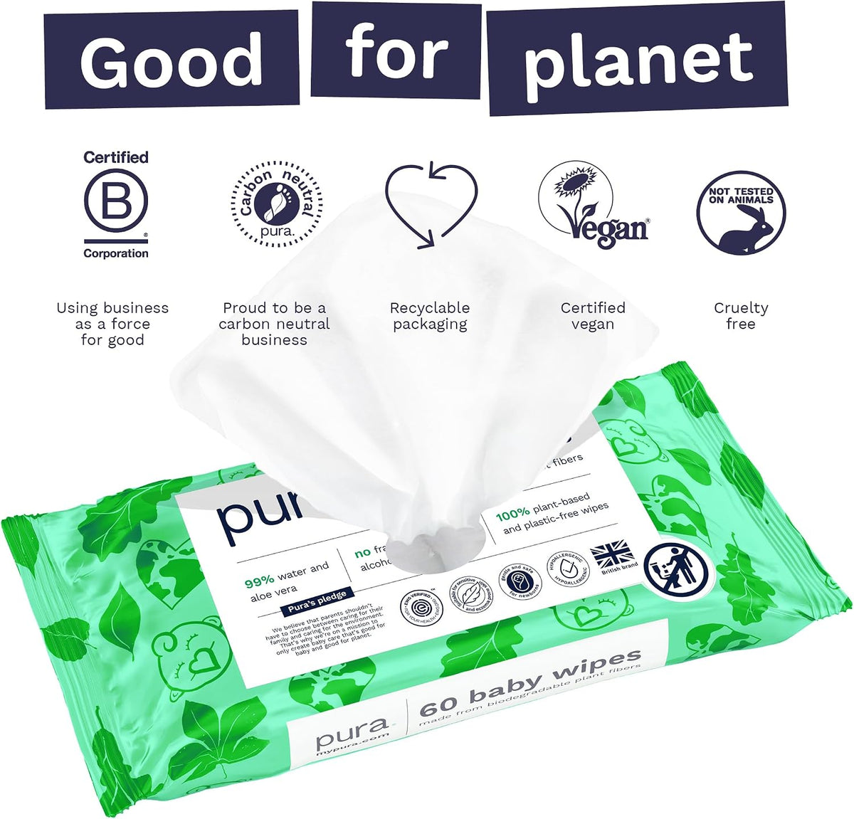 Pura Natural Sensitive Baby Wipes, 99% Water, Unscented & Hypoallergenic, Suitable for Sensitive & Eczema-prone Skin, Hypoallergenic, EWG Verified, 10 Pack of 60 Wet Wipes (600 Diaper Wipes) Bulk Buy
