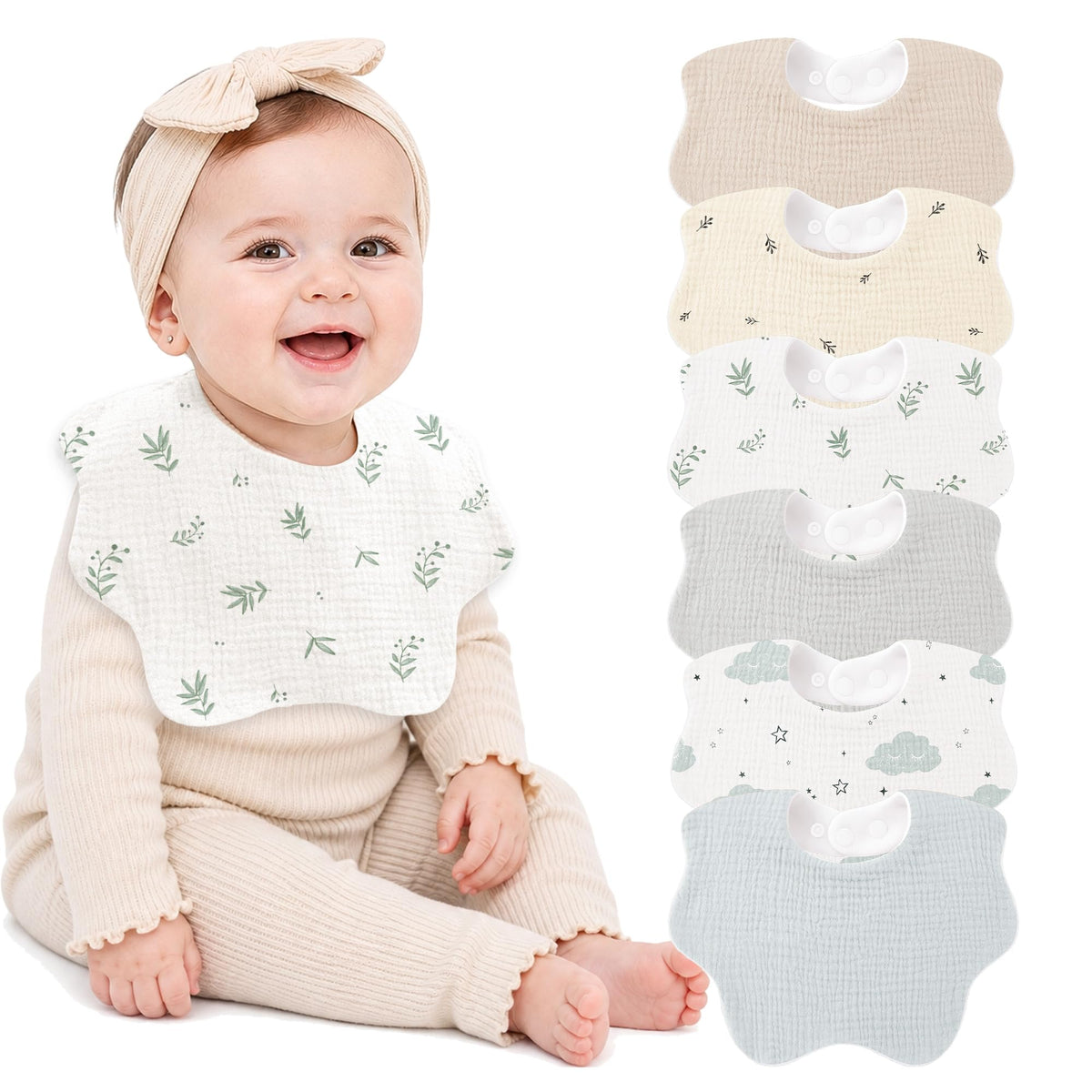 Bearmoss Muslin Baby Bibs for Drooling & Teething Cotton Drool Bib 6 Pack