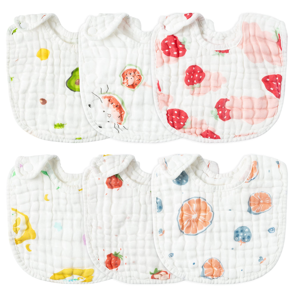 Zainpe 6Pcs Snap Muslin Cotton Baby Bibs White Adjustable Drool Bib with 6 Absorbent Soft Layers, Machine Washable Unisex Burp Cloths for 3 to 36 Months Boys Girls Infant Newborn Toddler