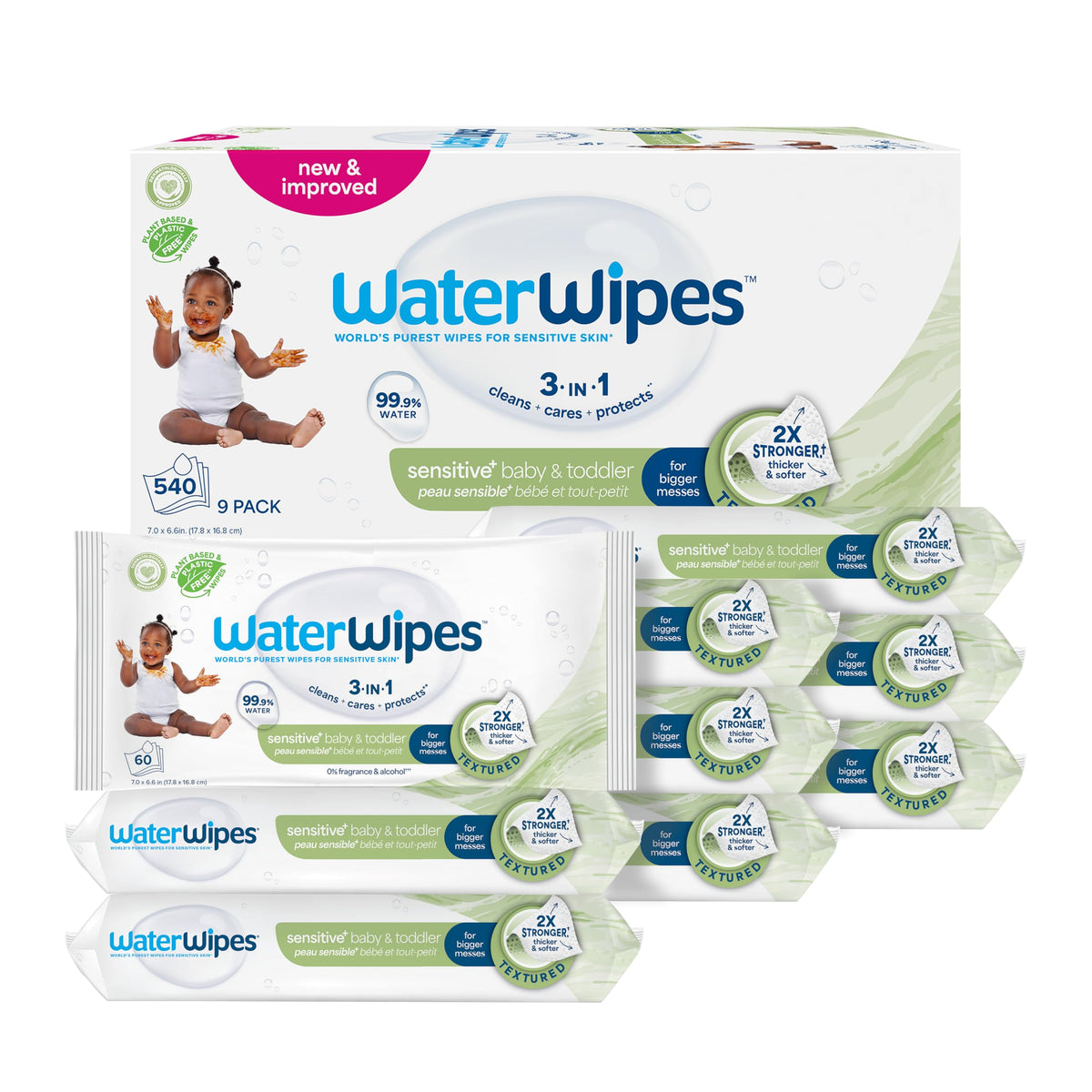 WaterWipes Sensitive+ Baby & Toddler Wipes, 3-In-1 Cleans, Cares, Protects, 99.9% Water, Textured Clean, Unscented & Hypoallergenic, 720 Count (12 Packs)