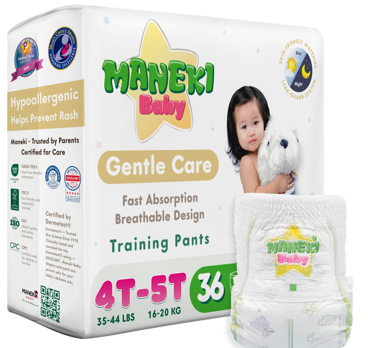 Maneki Baby Hypoallergenic Potty Training Pants 3T–4T, 76 Count (26–37 lbs), Pull-On Diaper Pants & Training Underwear, Soft, Unscented & High Absorbency for Overnight & Daily Use (Pack May Vary)