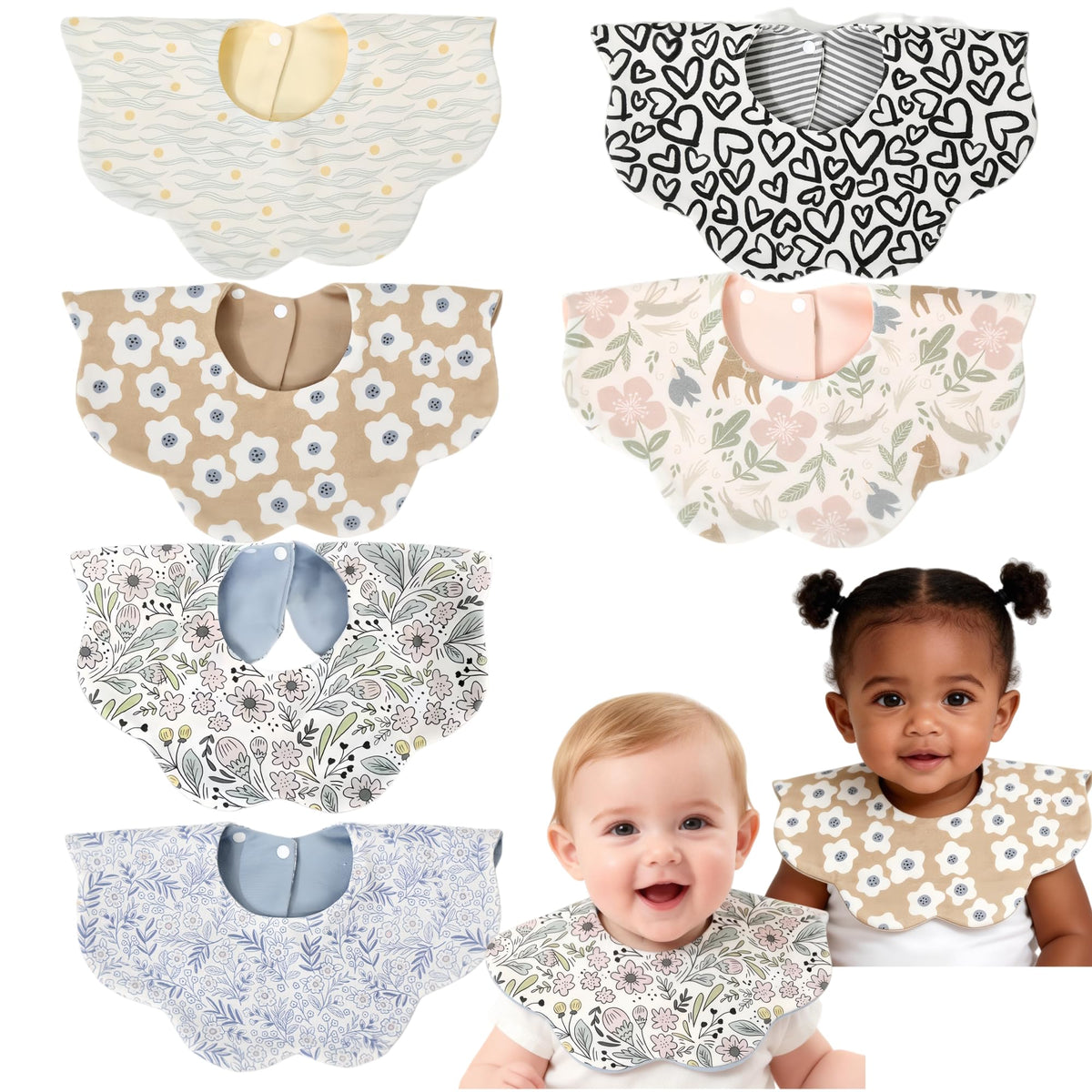 JUVA 6-Pack Organic Cotton Drool Bibs for Baby Girl or Boy, 360° Rotating