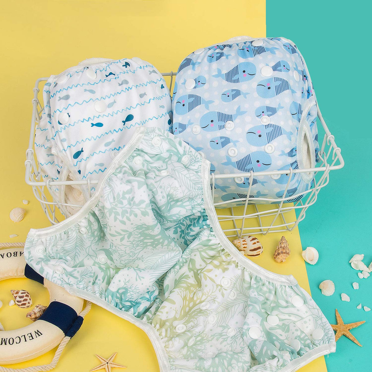 ALVABABY 3pcs Swim Diapers Baby & Toddler Snap One Size Reusable Adjustable Baby Boy Large Fish&sea-Plant 3ZSWY02