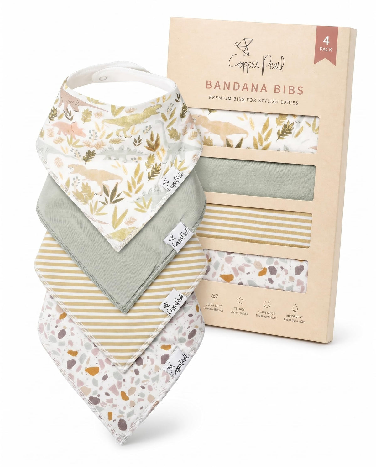Copper Pearl Baby Bibs 4 Pack, Printed Bandana Drool Bibs for Baby Girl & Boy, Soft Cotton Drooling Teething Bibs