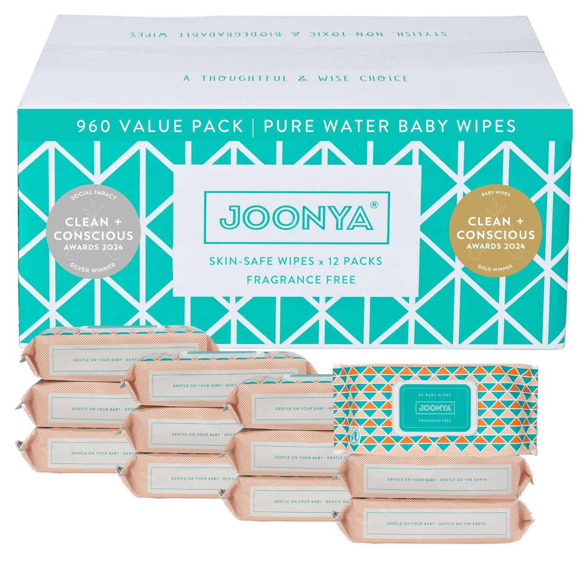 JOONYA Unscented Baby Wipes — Plant-Based, Fragrance-Free Bulk Diaper Wipes | Hypoallergenic, Non-Toxic & Biodegradable Wet Wipes for Sensitive Newborn Skin | 3 Packs of 80 (240 Total)