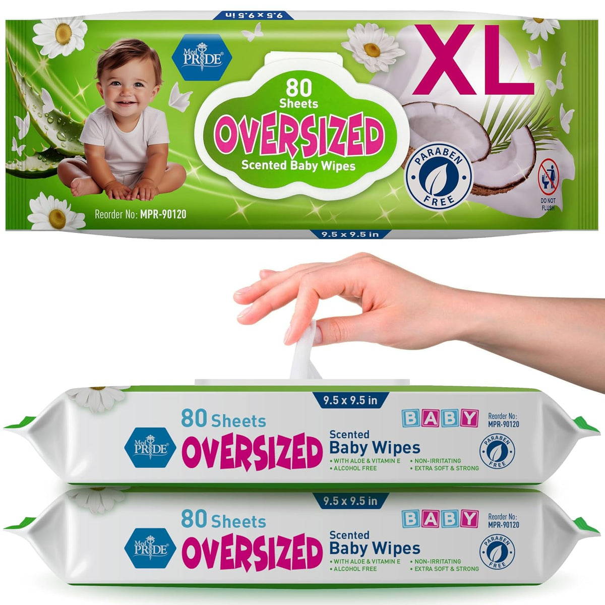 MED PRIDE Oversized Scented Baby Wipes 9.5x9.5 in,Aloe & Vitamin E,240 Ct