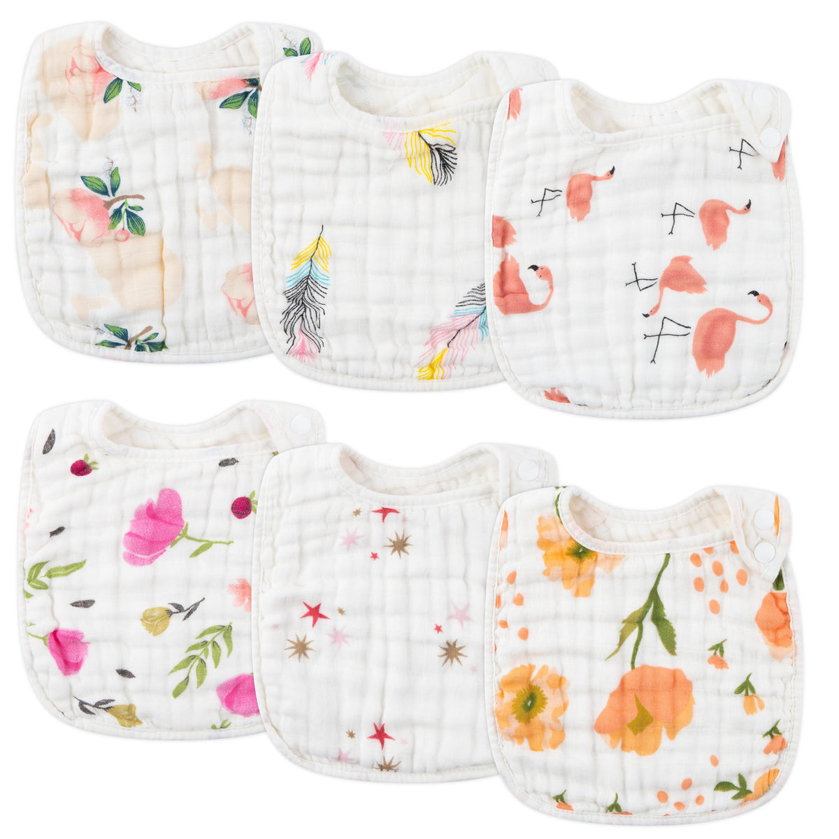 Zainpe 6Pcs Snap Muslin Cotton Baby Bibs White Adjustable Drool Bib with 6 Absorbent Soft Layers, Machine Washable Unisex Burp Cloths for 3 to 36 Months Boys Girls Infant Newborn Toddler