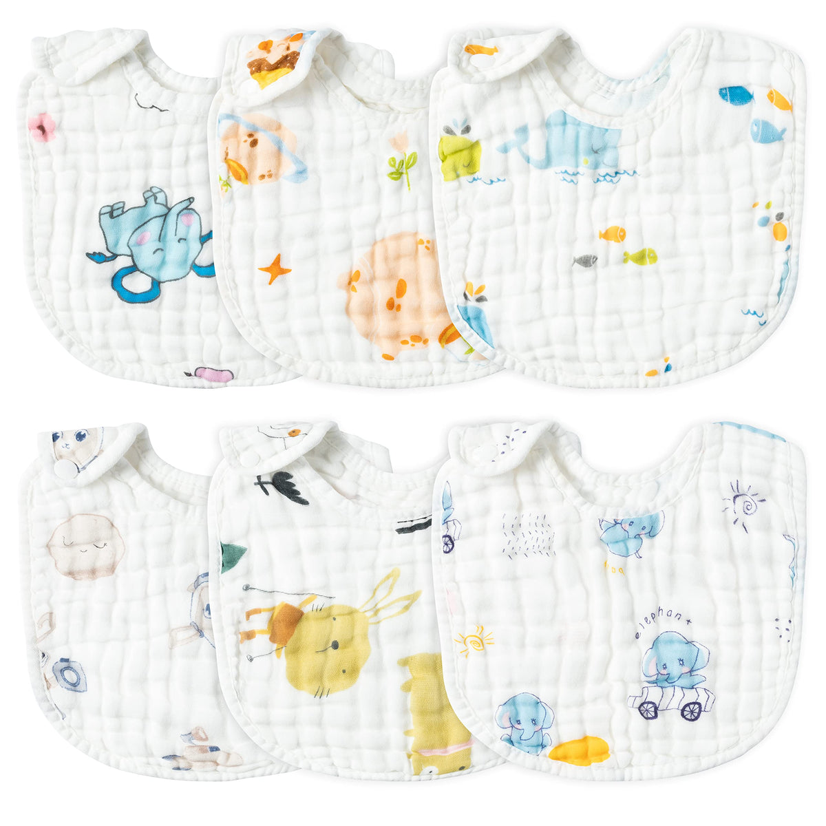 Zainpe 6Pcs Snap Muslin Cotton Baby Bibs White Adjustable Drool Bib with 6 Absorbent Soft Layers, Machine Washable Unisex Burp Cloths for 3 to 36 Months Boys Girls Infant Newborn Toddler
