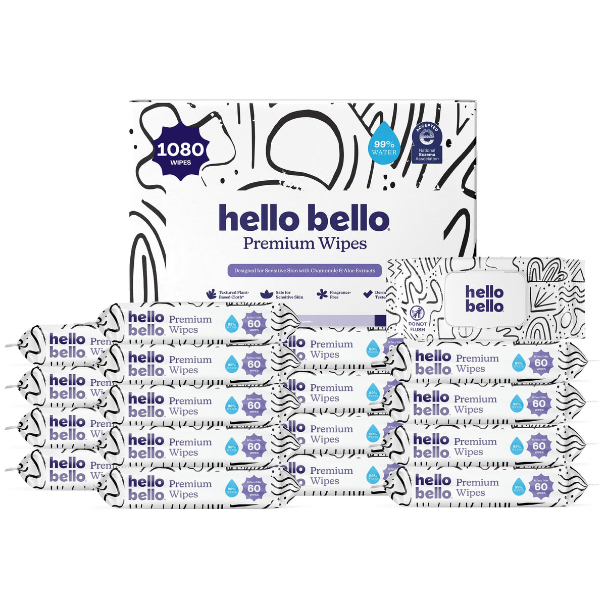 Hello Bello Premium Baby Wipes (Simply Sage) Fragrance-Free 18pk = 1080ct