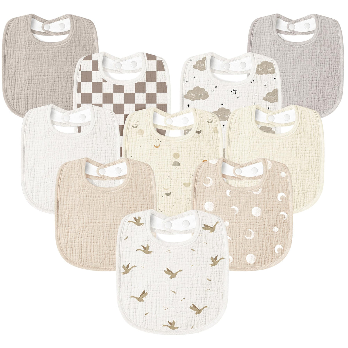Susurration Muslin Baby Drool Bibs 10Pack Soft Square Adjustable Bandana Bibs for Unisex Baby Girls & Boys