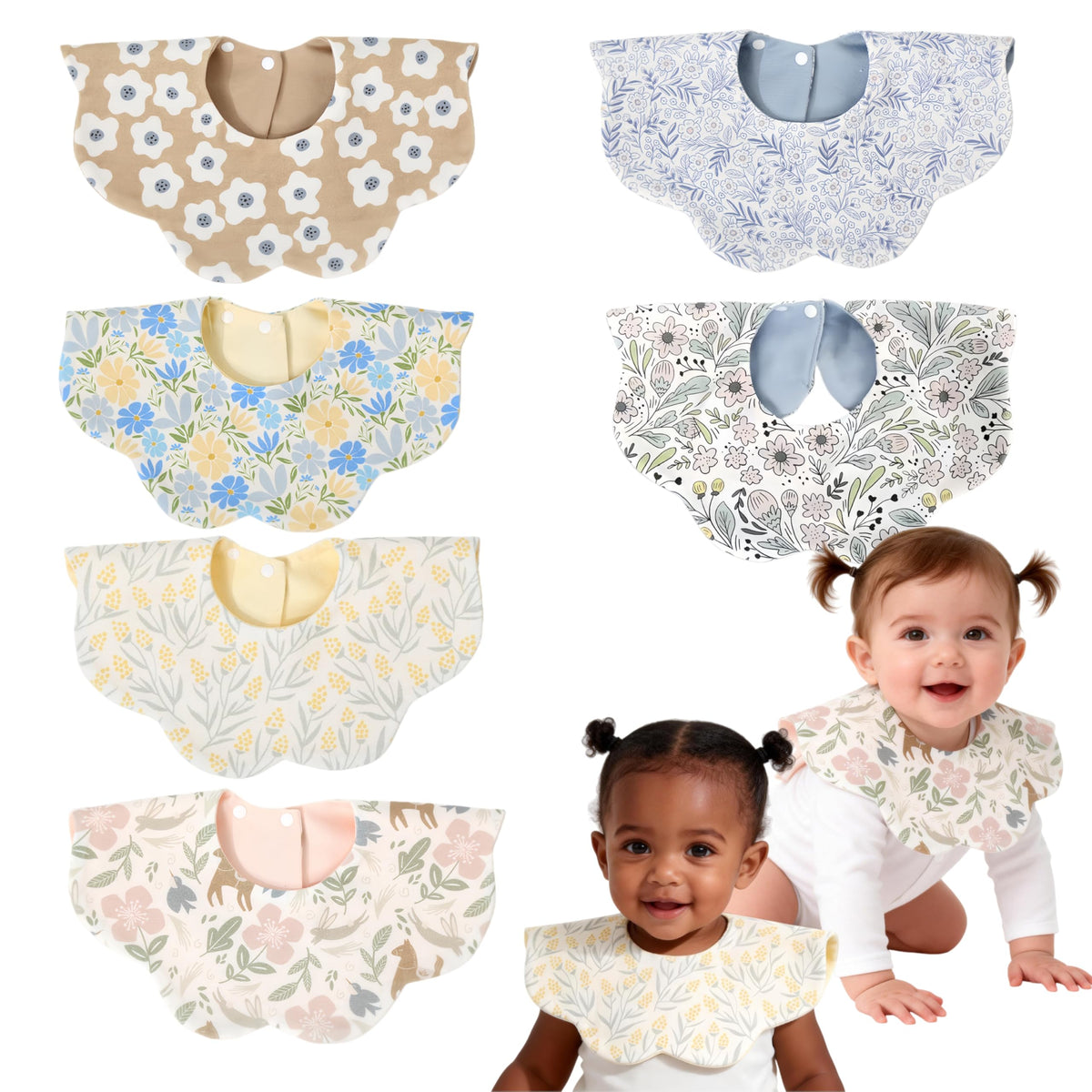 JUVA 6-Pack Organic Cotton Drool Bibs for Baby Girl or Boy, 360° Rotating