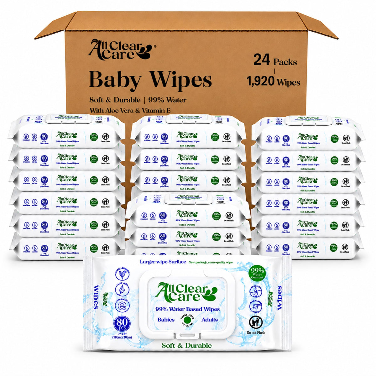 All Clear Care Baby Wipes, Unscented for Sensitive Skin, Large Soft Durable & 99% Water Based, Gentle & Hypoallergenic for Babies & Adults, Vitamin E and Aloe, Flip Top Lid, 3 Pack (240 Wipes)