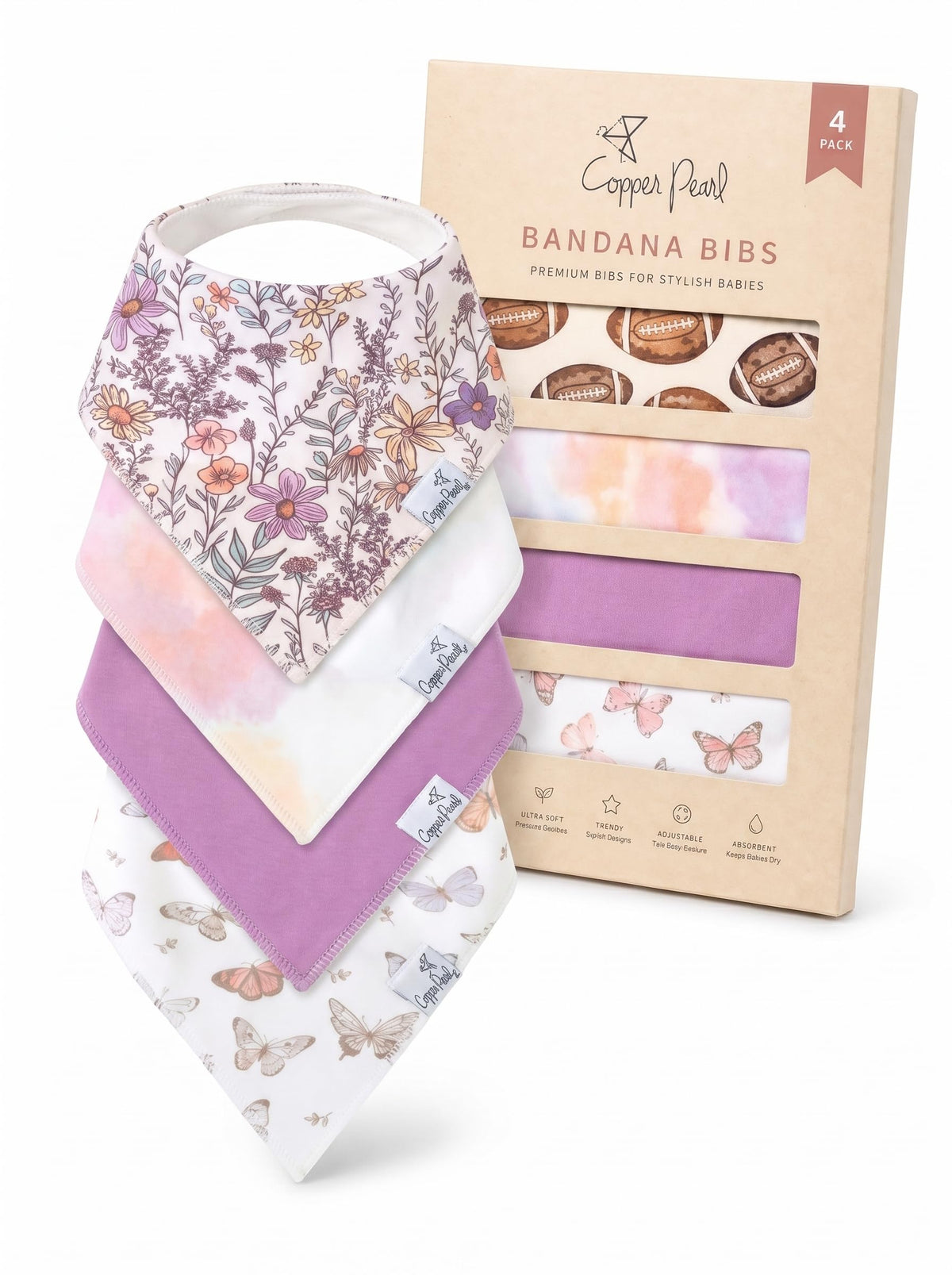 Copper Pearl Baby Bibs 4 Pack, Printed Bandana Drool Bibs for Baby Girl & Boy, Soft Cotton Drooling Teething Bibs