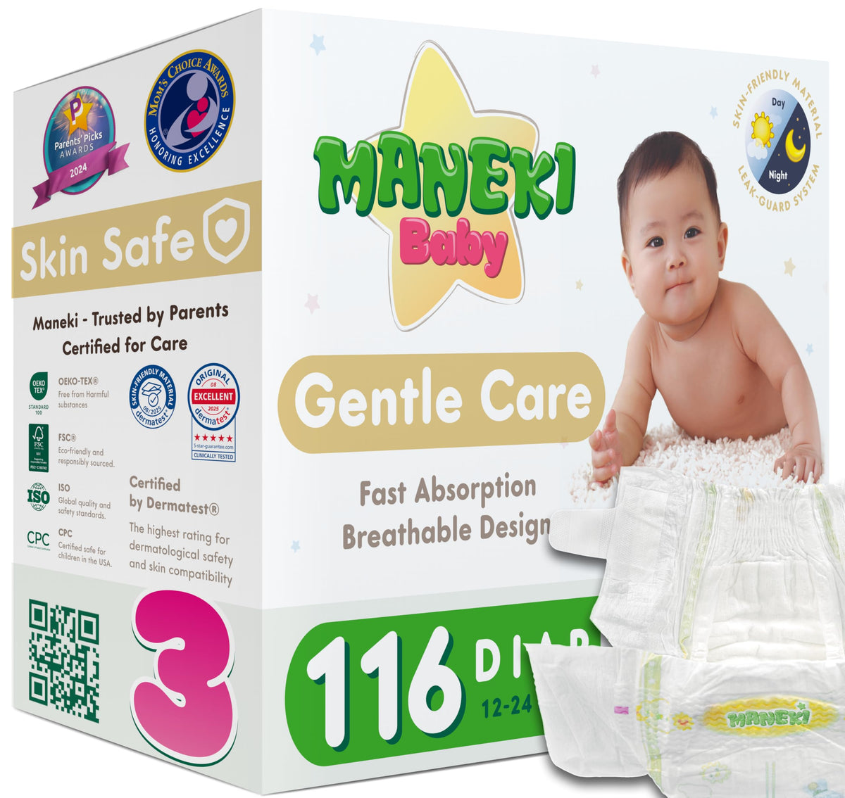 MANEKI Baby Diapers, Size 2 (9–18 lbs), 66 Count – Hypoallergenic, Fragrance-Free & Breathable, Up to 12-Hour Leak Protection for Sensitive Skin