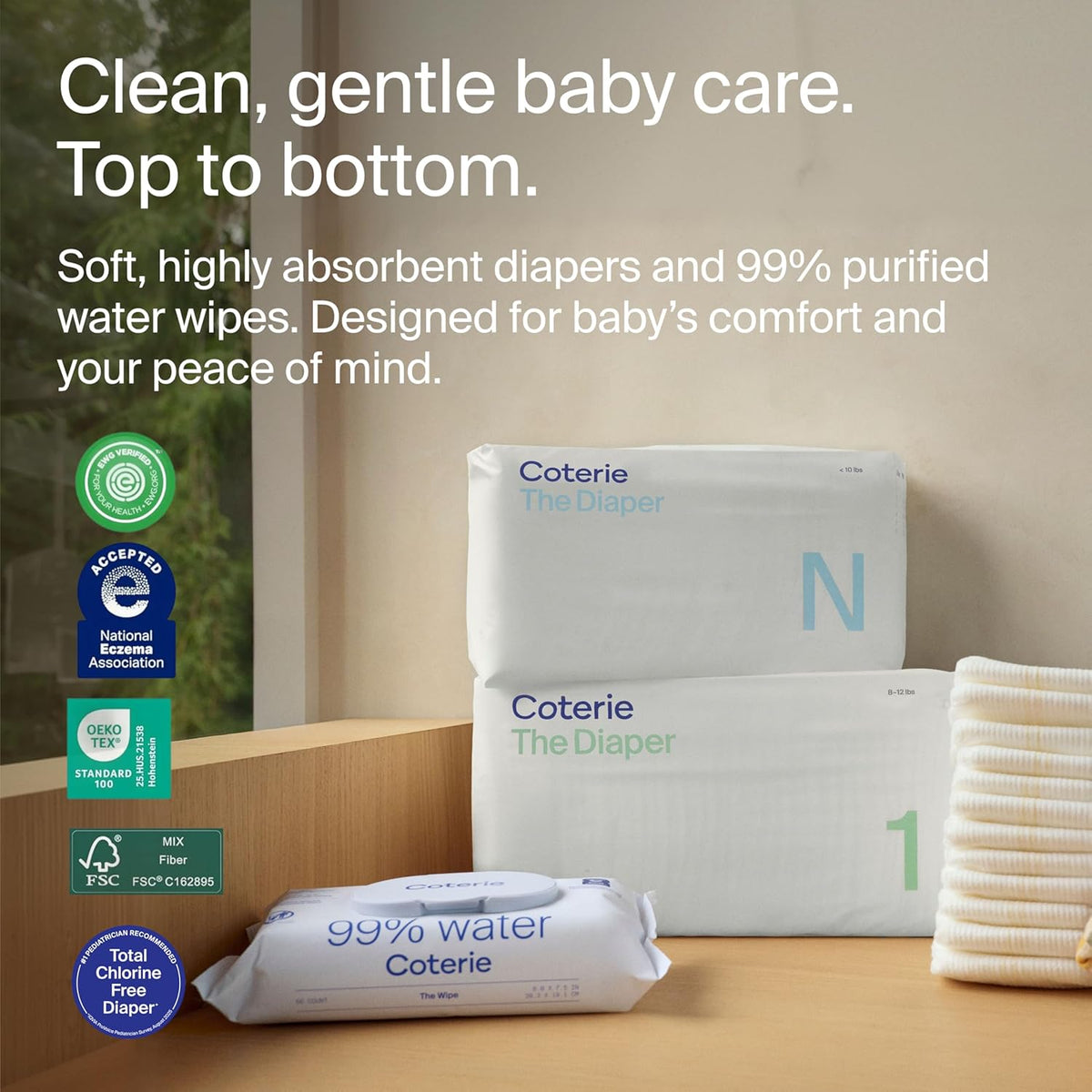 Coterie Baby Wipes + Diapers Kit, Size NB & Size 1 Diapers, 8-Pack Wipes