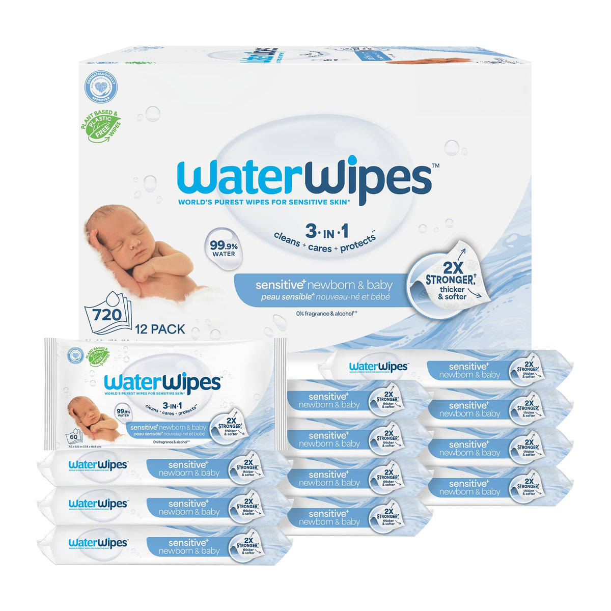 WaterWipes Sensitive+ Newborn & Baby Wipes, 3-In-1 Cleans, Cares, Protects, 99.9% Water, Unscented & Hypoallergenic, 240 Count (4 Packs)