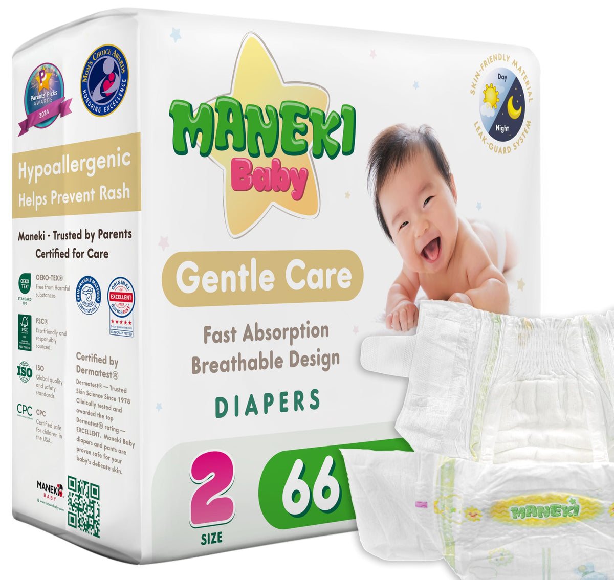 MANEKI Baby Diapers, Size 2 (9–18 lbs), 66 Count – Hypoallergenic, Fragrance-Free & Breathable, Up to 12-Hour Leak Protection for Sensitive Skin