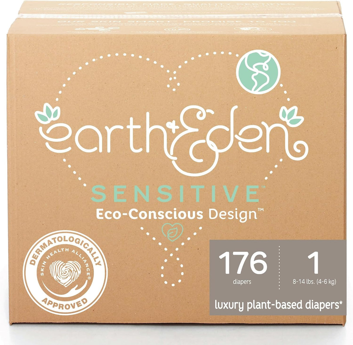 Earth & Eden Sensitive Baby Diapers, Size 1, No Harsh Chemicals, 176 ct