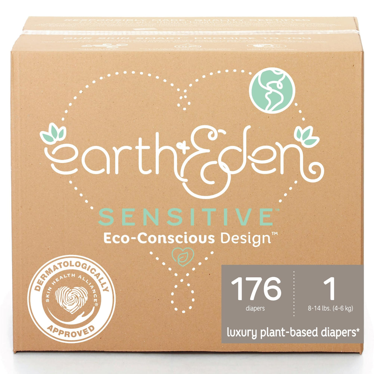 Earth & Eden Sensitive Baby Diapers, Size 1, No Harsh Chemicals, 176 ct