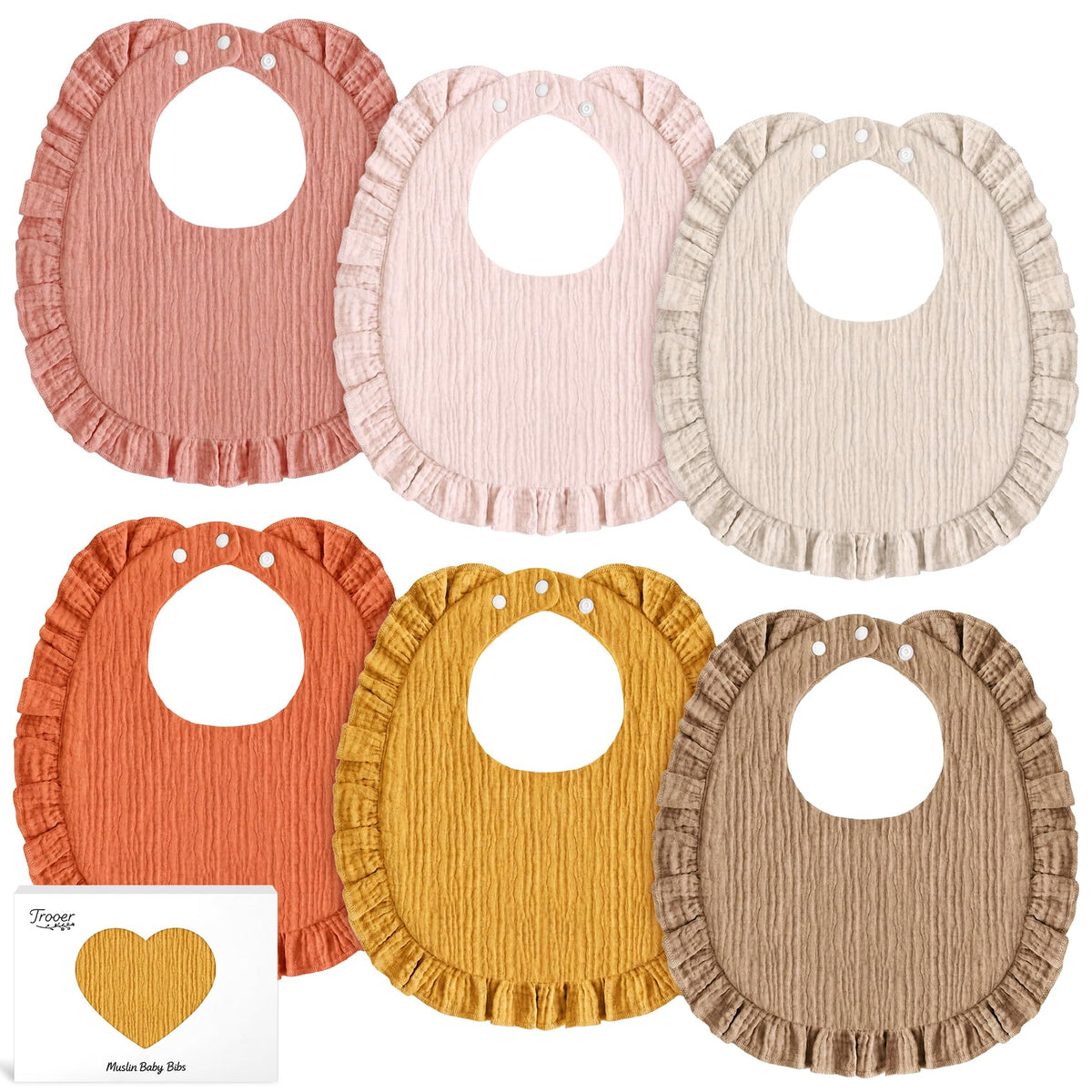6 Pack Muslin Baby Bibs for Girls Boys, Drool Bibs with Ruffle Trim, Floral