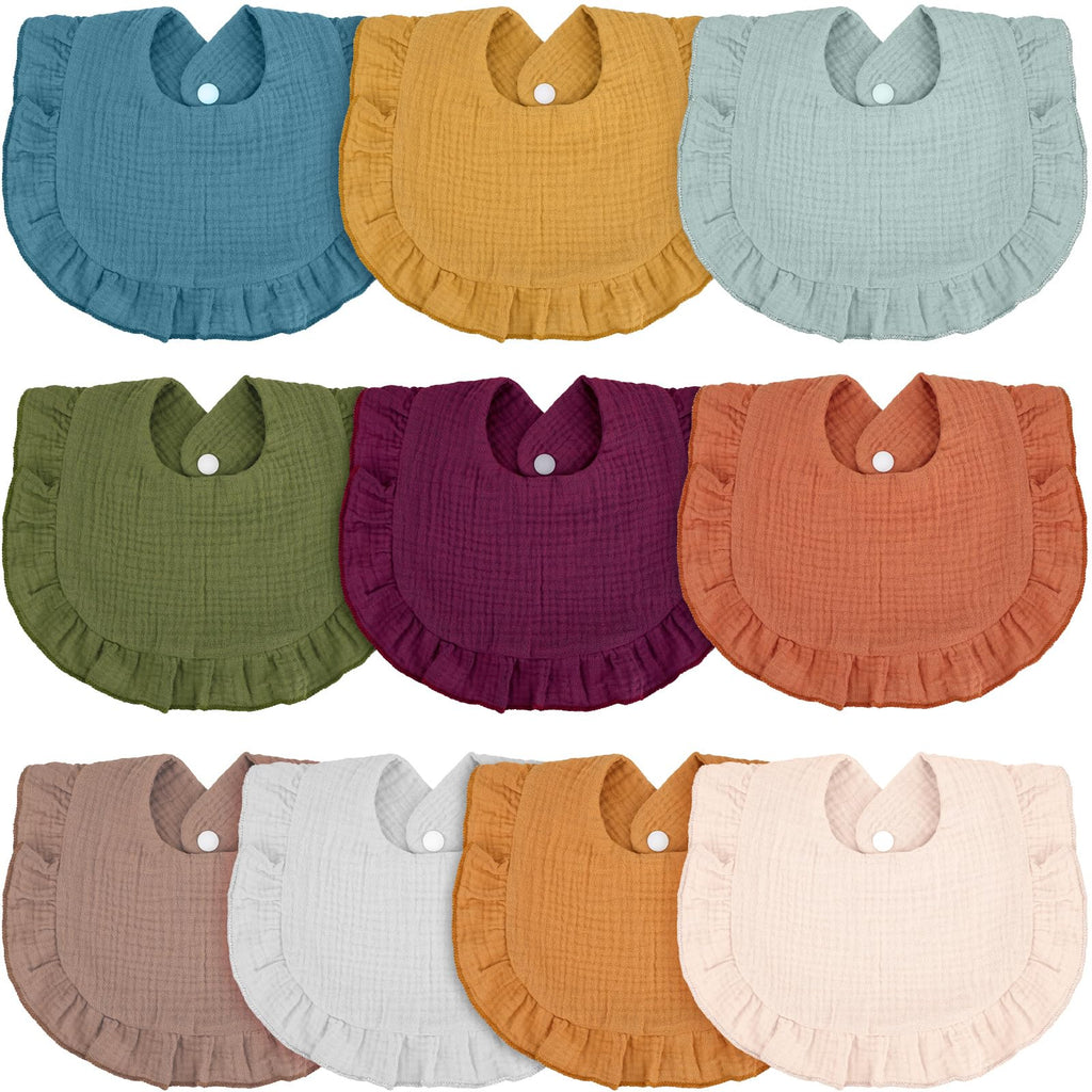 Seematn 10 Pcs Baby Muslin Bibs for Unisex Girls & Boys Drool Bibs Bandana Ruffle Soft Cotton for Newborn Infants Toddlers(Retro Colors)