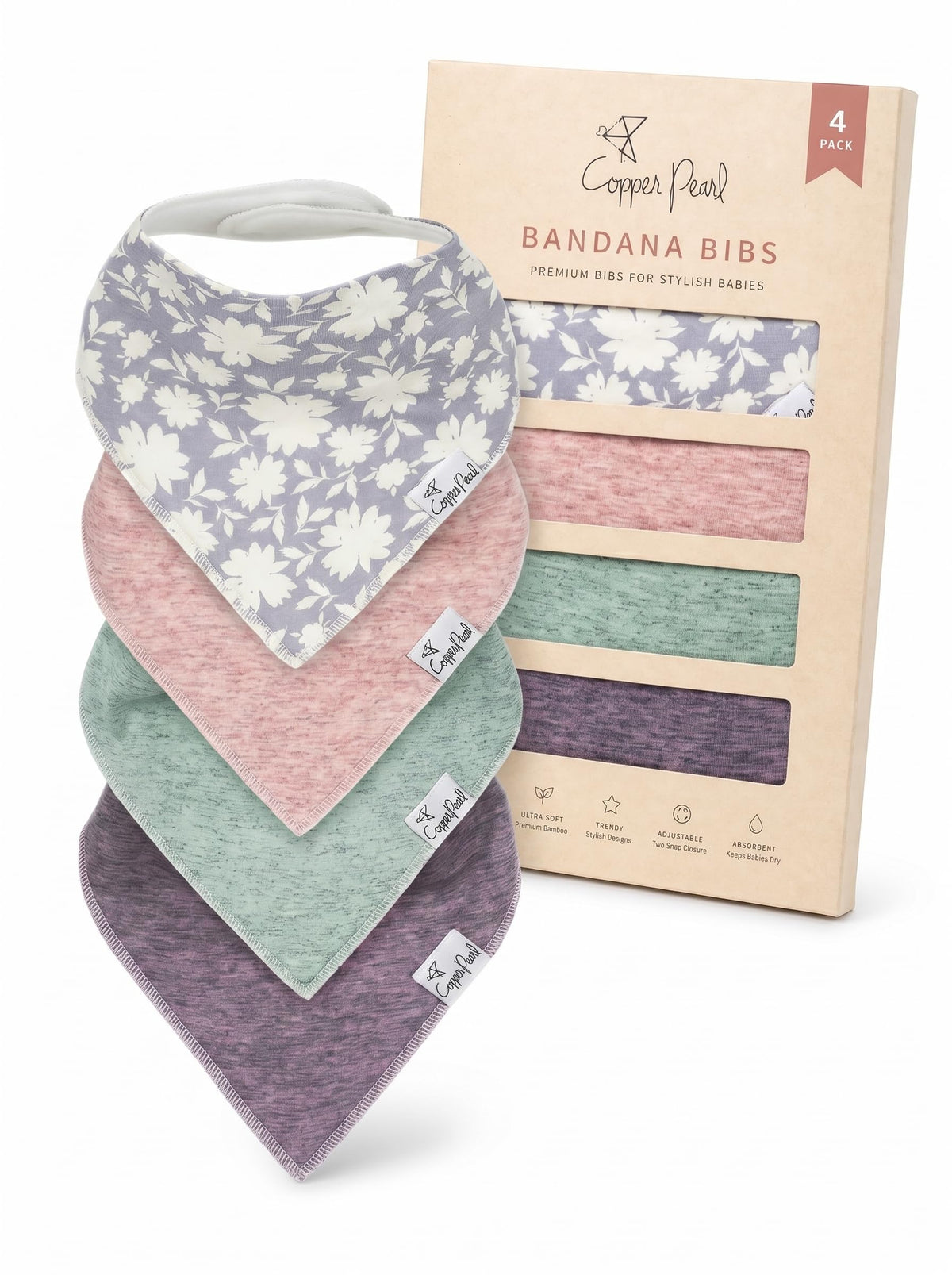 Copper Pearl Baby Bibs 4 Pack & 6 Pack, Bandana Drool Bibs for Baby Girl & Boy, Soft Cotton Bibs for Drooling and Teething