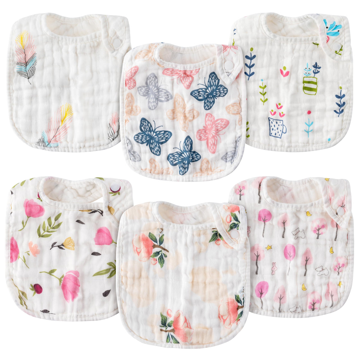 Zainpe 6Pcs Snap Muslin Cotton Baby Bibs White Adjustable Drool Bib with 6 Absorbent Soft Layers, Machine Washable Unisex Burp Cloths for 3 to 36 Months Boys Girls Infant Newborn Toddler