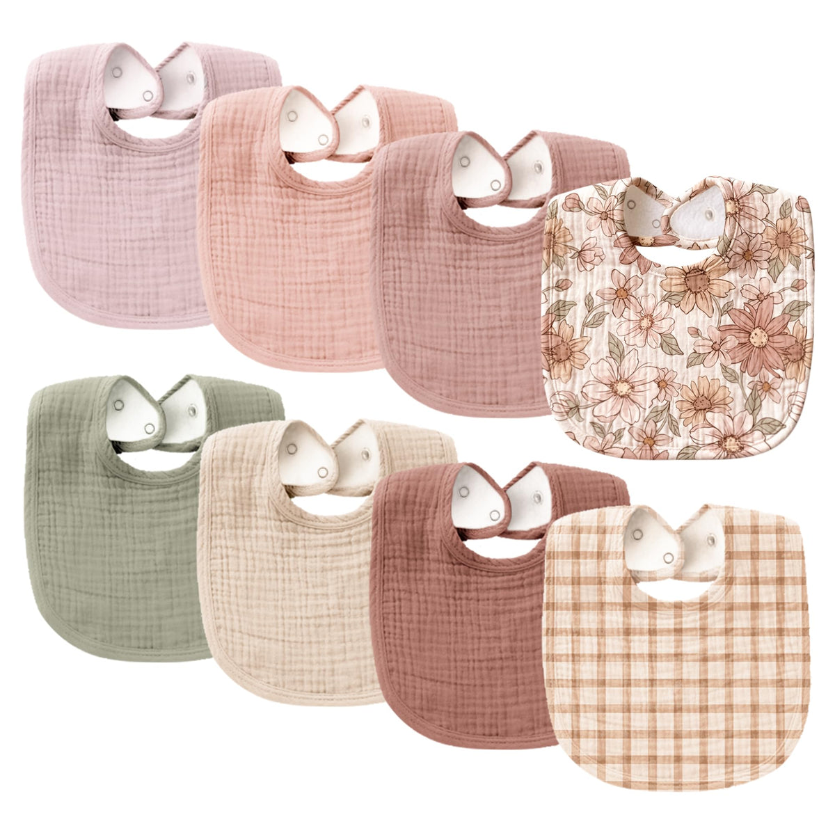 Konssy 8-Pack Muslin Baby Bibs, Adjustable Fit for Drooling and Teething