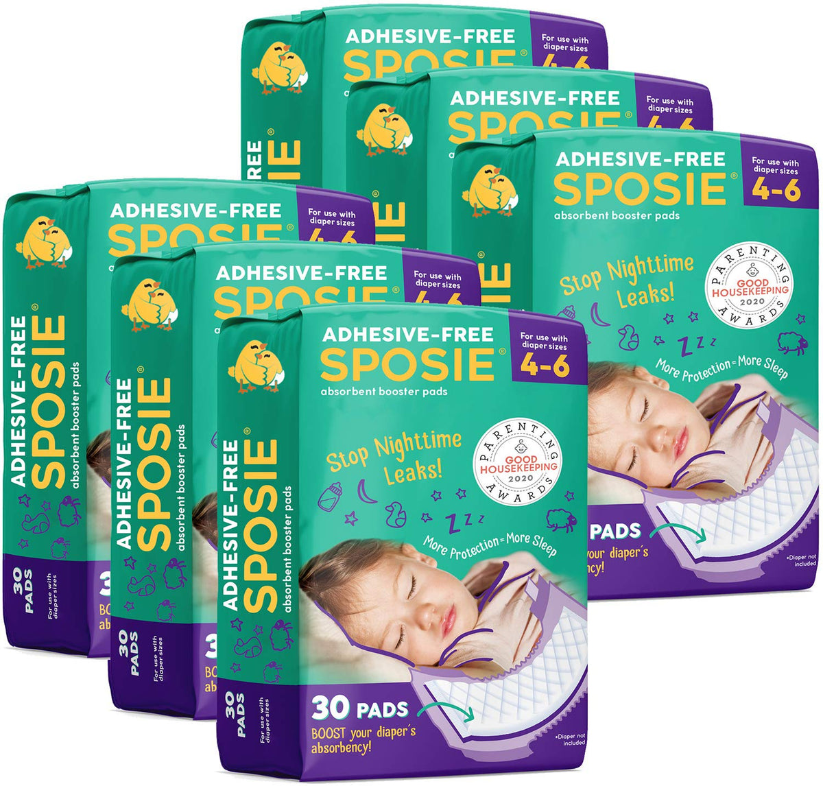 Sposie Overnight Diaper Booster Pads, Stop Diaper Leaks, Size 4-6, 90 Ct