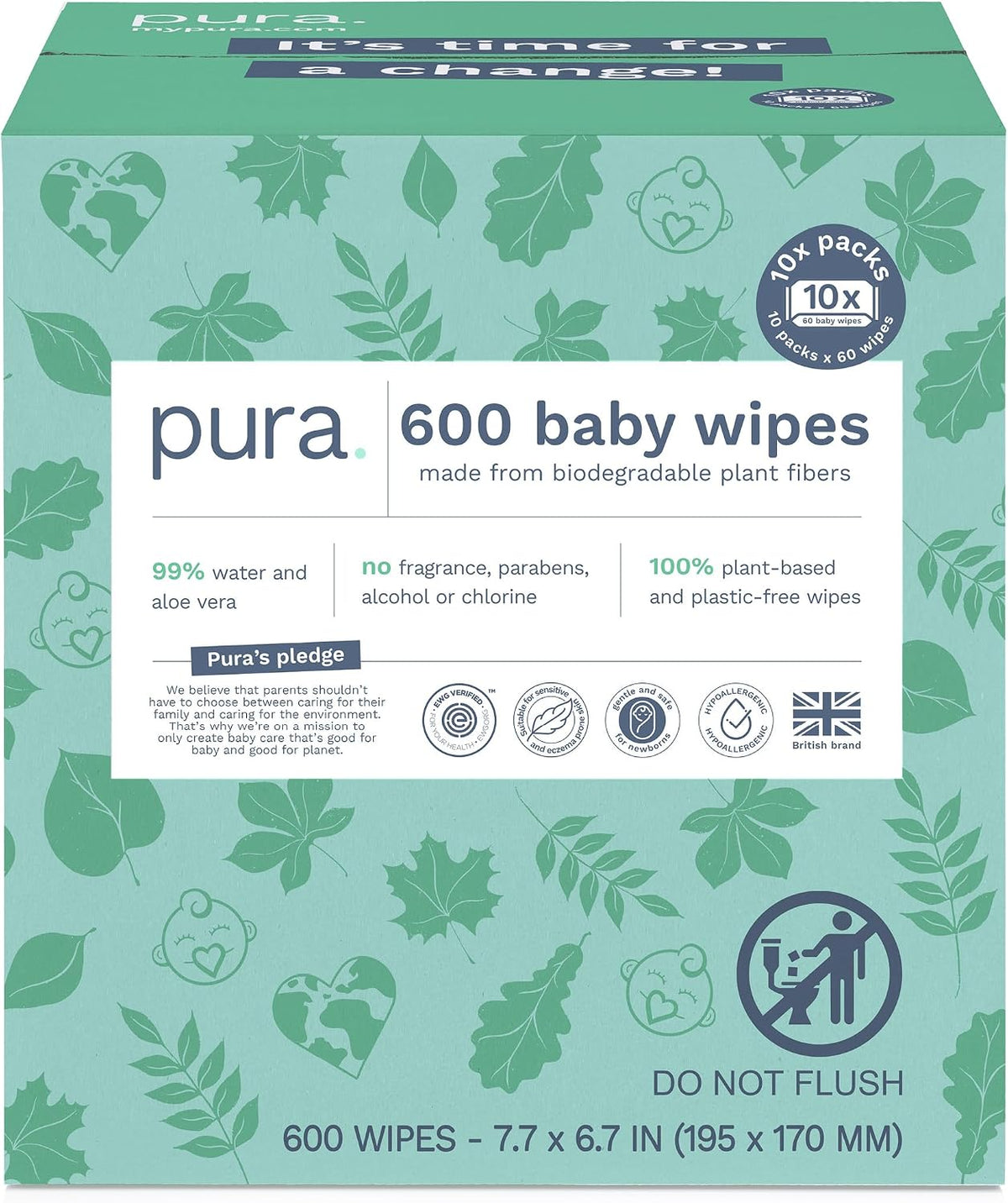 Pura Natural Sensitive Baby Wipes, 99% Water, Unscented & Hypoallergenic, Suitable for Sensitive & Eczema-prone Skin, Hypoallergenic, EWG Verified, 10 Pack of 60 Wet Wipes (600 Diaper Wipes) Bulk Buy