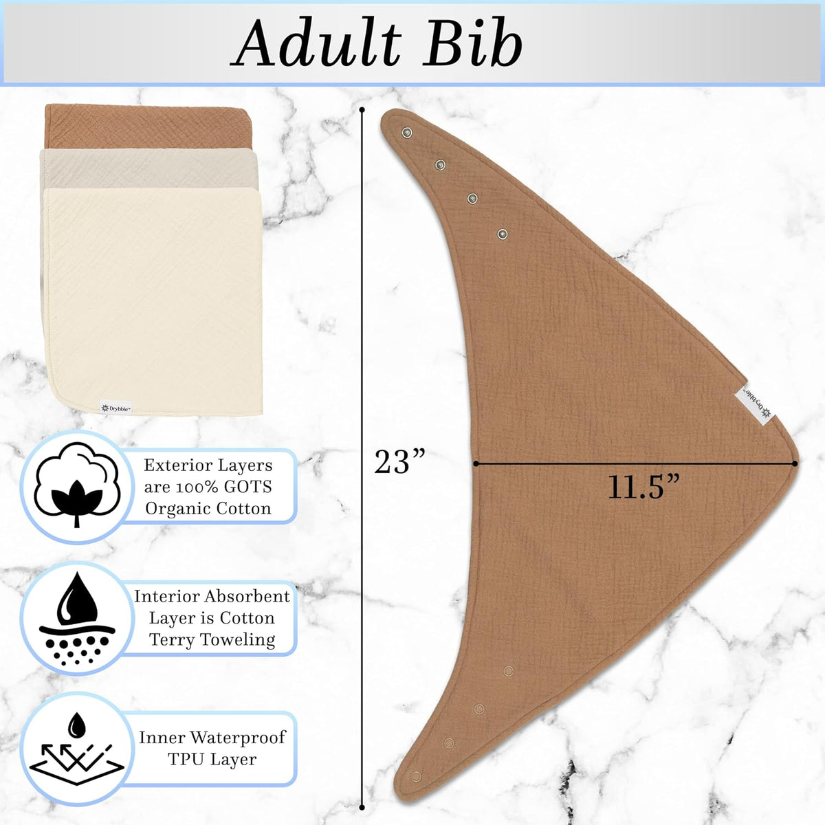 Bandana Bibs with 3 Waterproof Lining Organic Cotton Drool Bibs for Adults and Children, Adjustable Snaps
