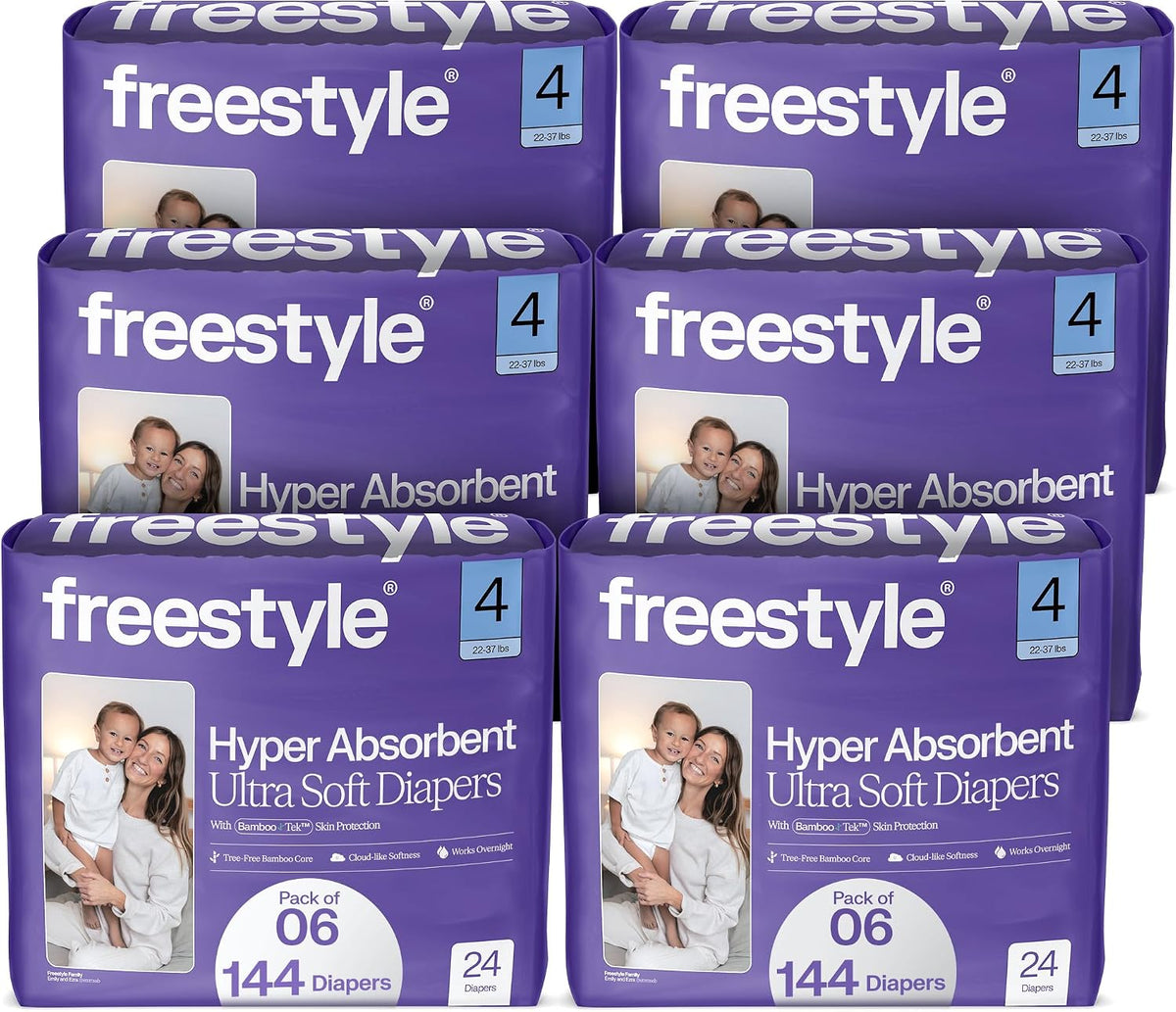 Freestyle BambooTek Diapers – (Size 4) Hyper Absorbent & Non-Toxic – Disposable Diapers for Sensitive Skin – Ultra Soft Diapers (22-37 lbs) – 144 Count
