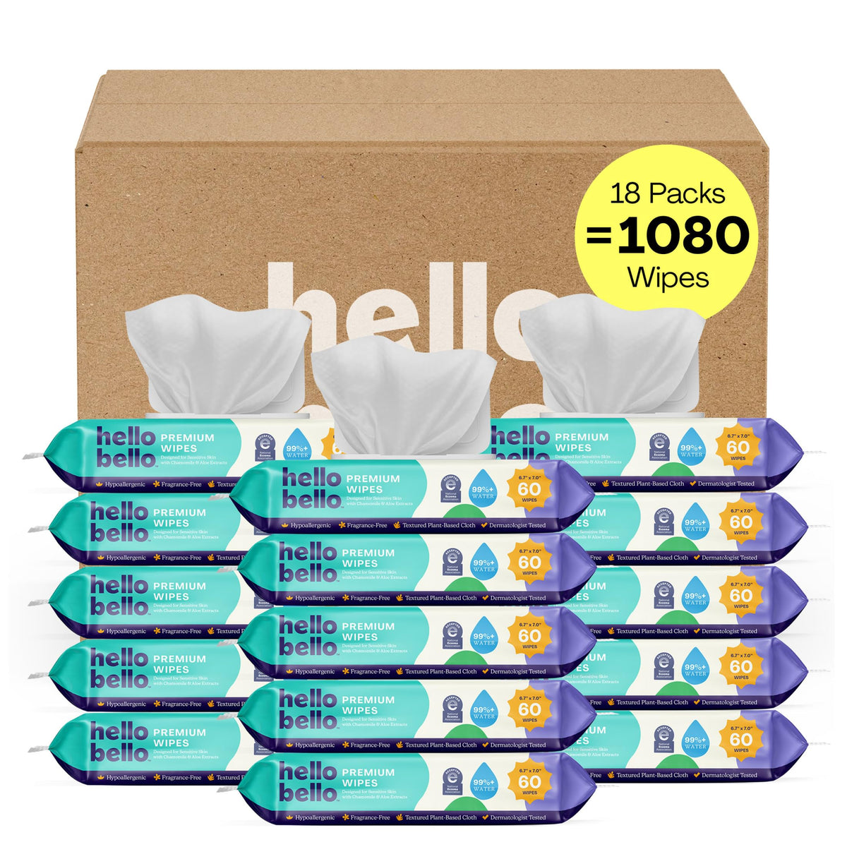 Hello Bello Premium Baby Wipes (Simply Sage) Fragrance-Free 18pk = 1080ct