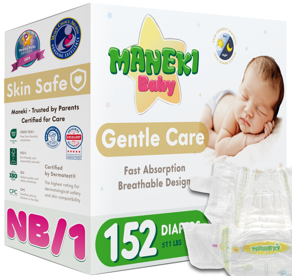MANEKI Baby Diapers, Size 2 (9–18 lbs), 66 Count – Hypoallergenic, Fragrance-Free & Breathable, Up to 12-Hour Leak Protection for Sensitive Skin