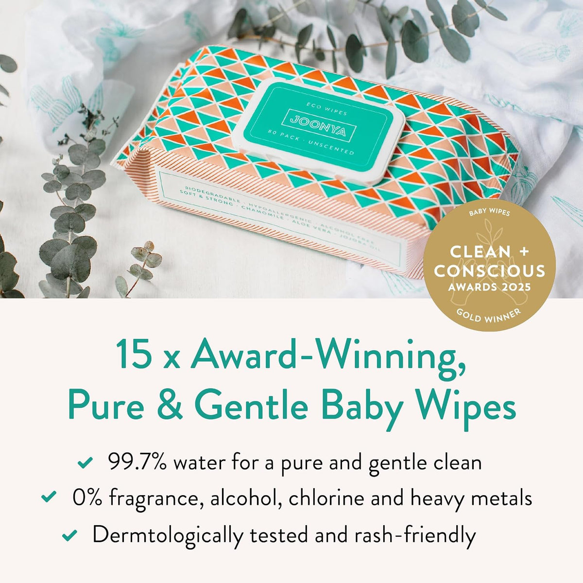 JOONYA Unscented Baby Wipes — Plant-Based, Fragrance-Free Bulk Diaper Wipes | Hypoallergenic, Non-Toxic & Biodegradable Wet Wipes for Sensitive Newborn Skin | 3 Packs of 80 (240 Total)