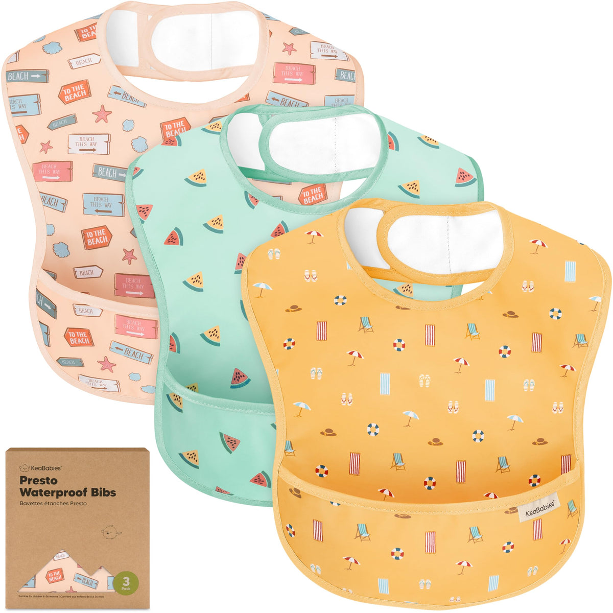 KeaBabies 3-Pack Waterproof Baby Bibs for Eating, Lightweight (Ocean)