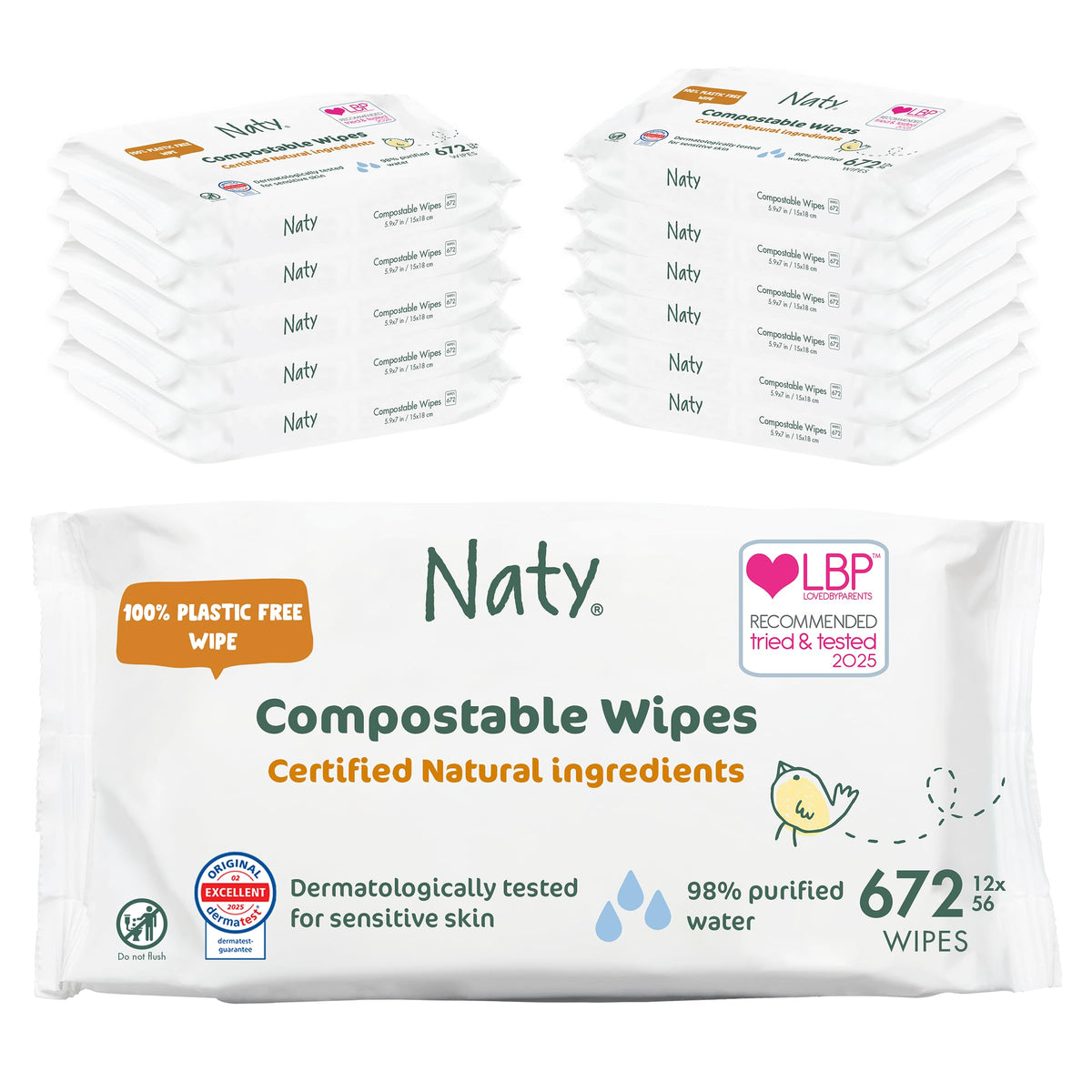 Naty Baby Wipes for Sensitive Skin & 98% Water, 168 Count (3 Packs)