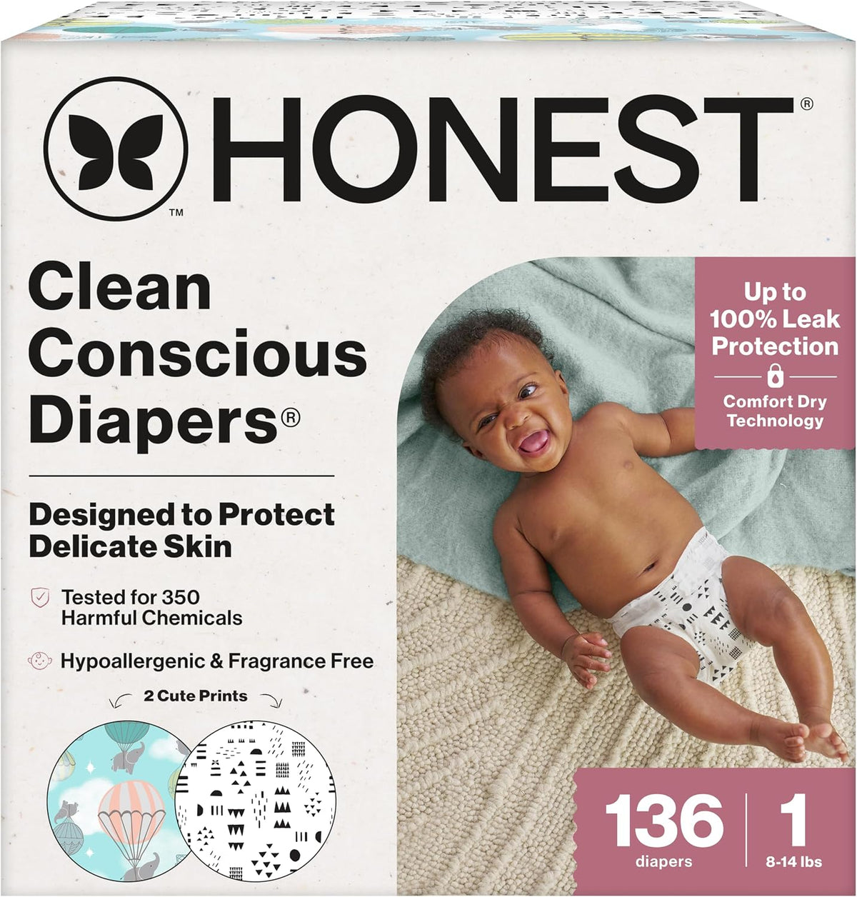 The Honest Company Daytime Diapers, Pattern Play Above All, Size 1, 136ct